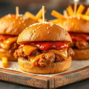 Spicy, crispy chicken sliders on soft buns.