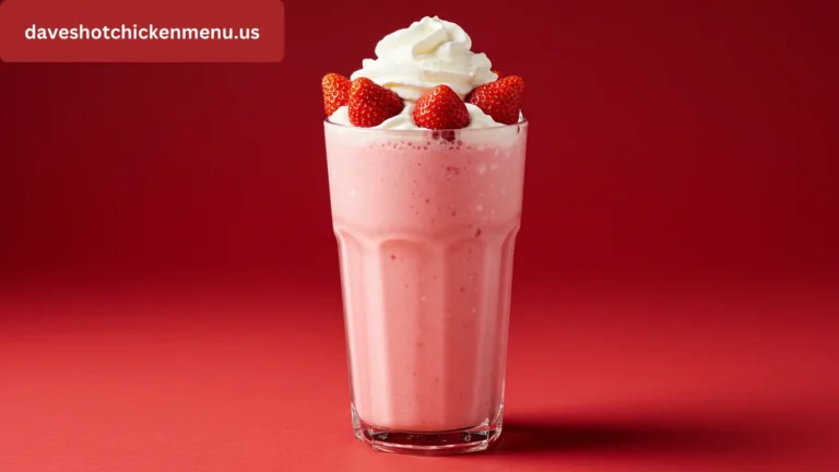 A large strawberry shake in a tall glass, topped with whipped cream and a fresh strawberry.