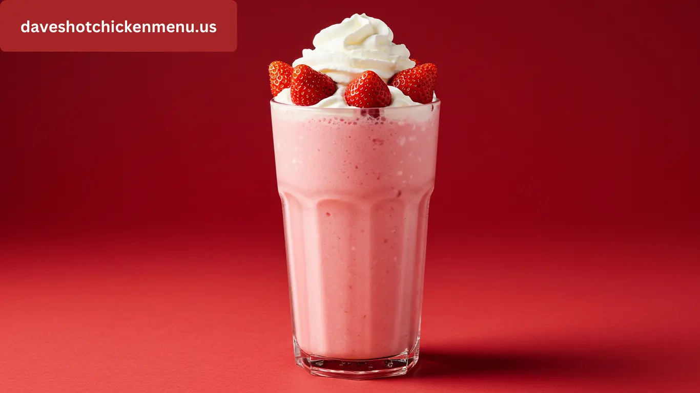 A large strawberry shake in a tall glass, topped with whipped cream and a fresh strawberry.