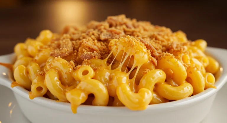 Creamy baked mac and cheese in a bowl.