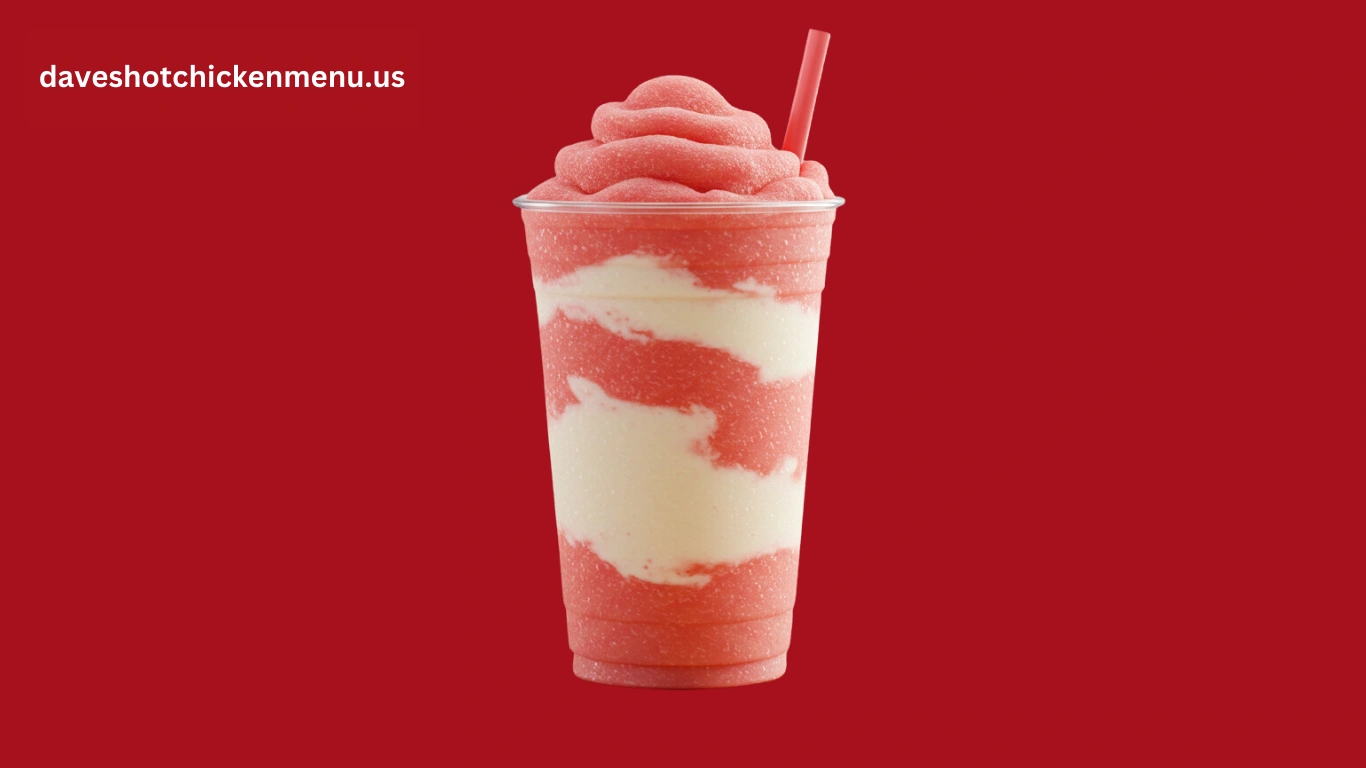 Ice-cold Strawberries & Crème Slusher with a rich, fruity flavor and a creamy swirl in a chilled cup.