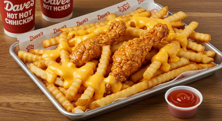Cheese Fries from Dave’s Hot Chicken – Crispy fries smothered in melted cheese.