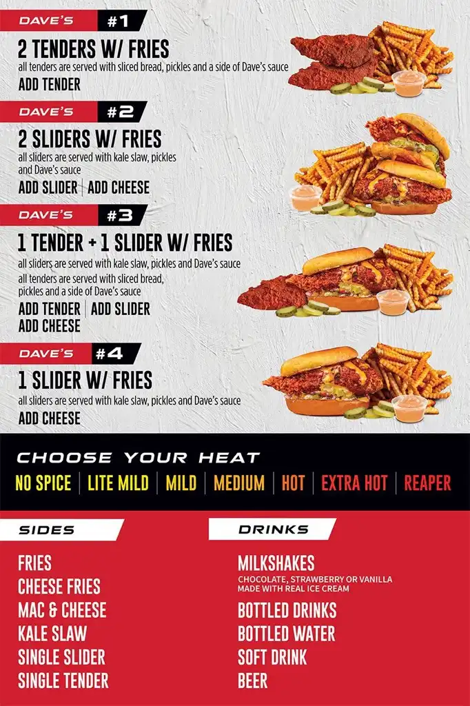 Dave's Hot Chicken Canada menu with updated prices for 2025, featuring chicken tenders, sliders, fries, and signature sauces.