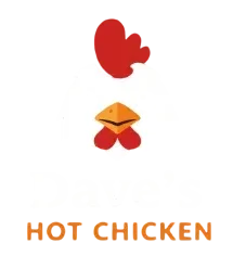 Dave’s Hot Chicken logo with spicy tenders and sliders